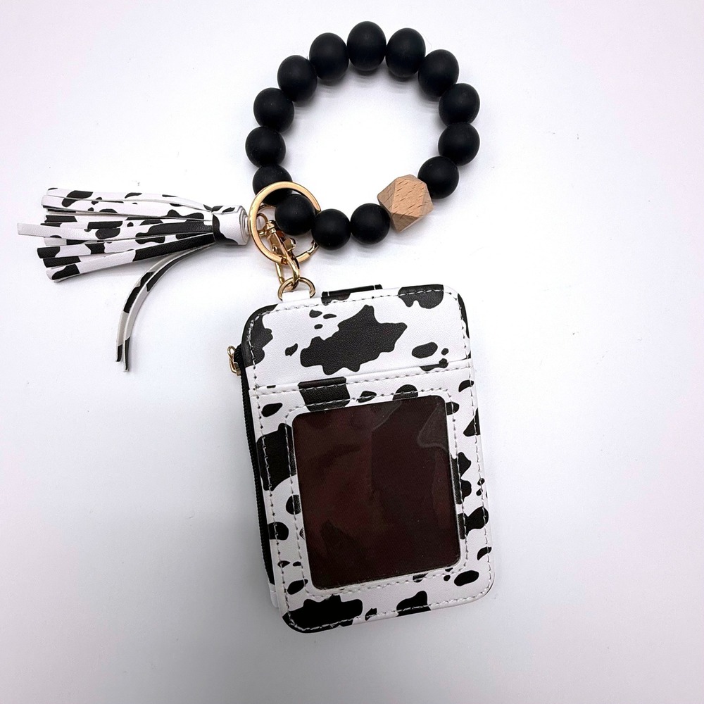 Cow Print Wristlet Keychain Wallet‎ Silicone Bead Bangle Tassel ID Card Holder